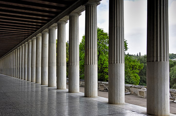 Stoa of Attalos in Athens, Greece. Impressive building in Ancient Agora archeological site. Great perspective from columns.