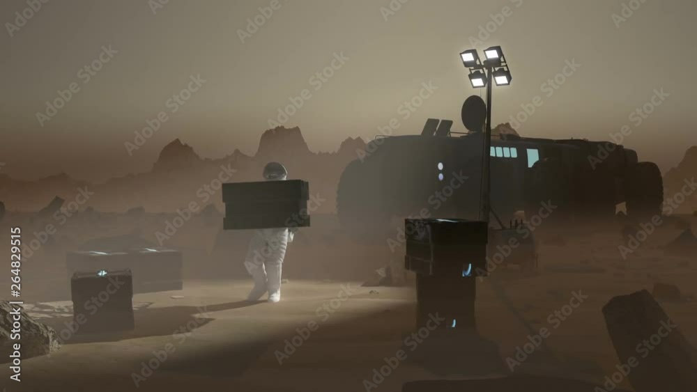 Wall mural an astronaut in a space suit carries a power cube type object in a desolate mar like environment. co