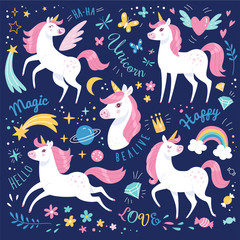 Unicorns collection. Vector illustration of cute cartoon white Unicorns with pink mane. Isolated on dark blue background.