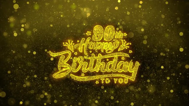 90th Happy Birthday Greetings card Abstract Blinking Golden Sparkles Glitter Firework Particle Looped Background. Gift, card, Invitation, Celebration, Events, Message, Holiday, Festival