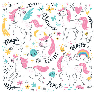 Unicorns collection. Vector illustration of cute cartoon white Unicorns in doodle style with pink mane. Isolated on white background.