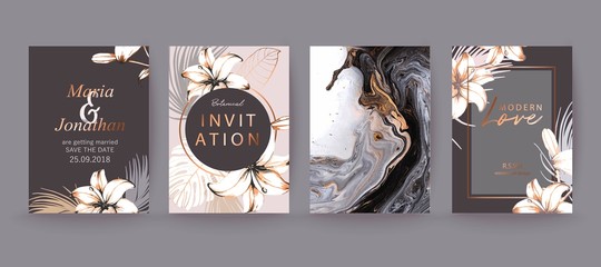 Black, white and gold marble texture card. Floral, lilies decorative bouquet with palm leaves.