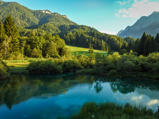 Zelenci Natural Reserve near Kranjska Gora, Slovenia. Beautiful lake with its characteristic blue green color.
