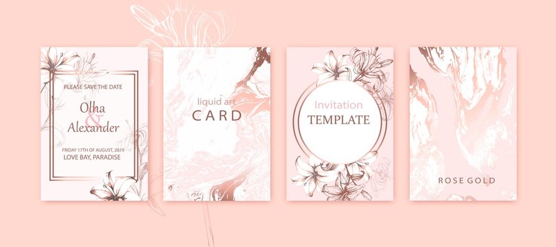 Set of elegant chic brochure, covers, cards with pink lilies, white and rose gold marble texture.