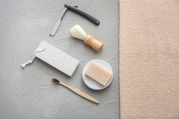 Natural bath accessories on grey background. Zero waste concept