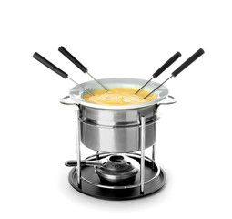 Fondue pot with melted cheese on white background