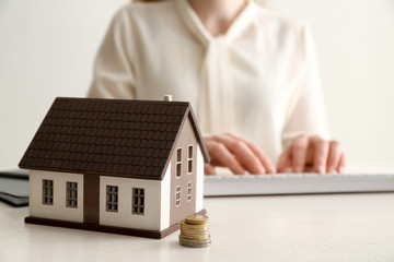 Model of house and money on table of real estate agent