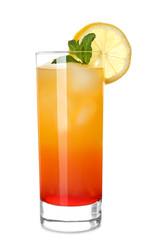 Glass of Tequila Sunrise cocktail on white background
