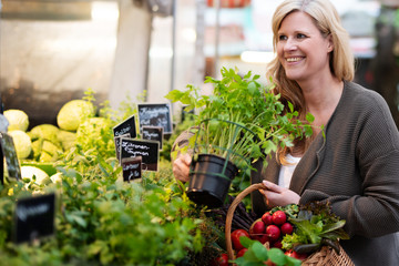 Sympathisch lächelnde Frau kauft Kräuter auf dem Markt 