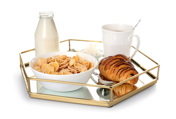 Tray with tasty breakfast on white background