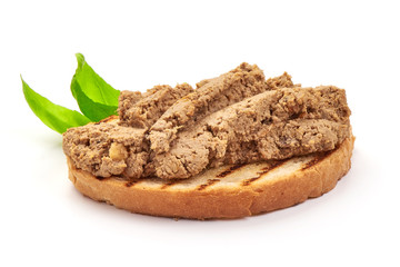 Toasted bread with homemade liver pate, sandwich, close-up, isolated on white background
