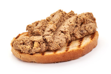 Homemade liver pate sandwich, close-up, isolated on white background