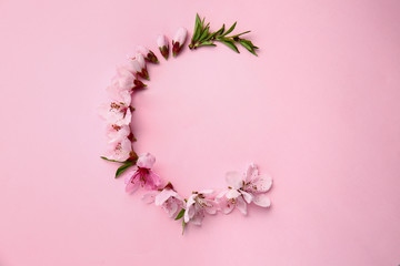 Composition with beautiful blooming branches on color background