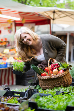 Freudig lachende Frau kauft Salatpflanzen auf dem Markt 