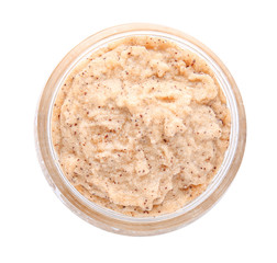 Jar with body scrub on white background