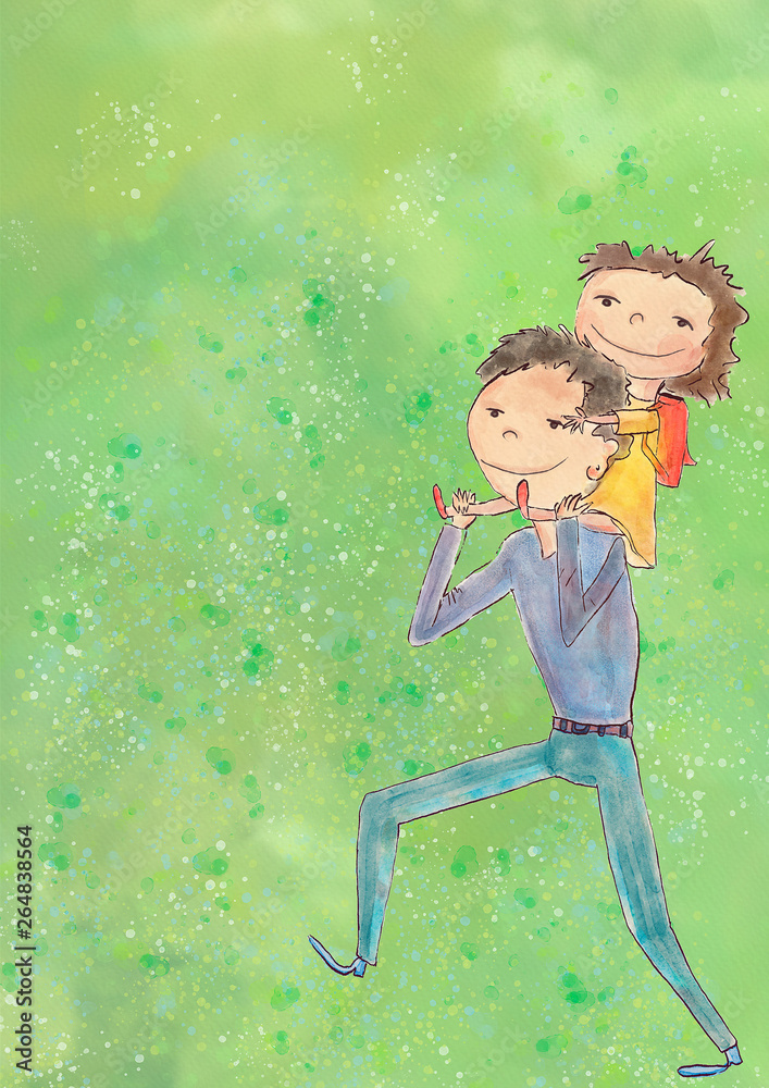 Canvas Prints Girl with dad on the meadow. Watercolor children illustration