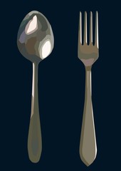 fork and spoon serving set,realistic vector art isolated in blue