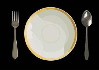 fork, plate and spoon serving set,realistic vector art isolated in black