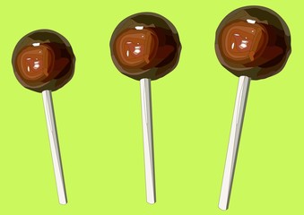three realistic chocolate lollipops vector art on a green background