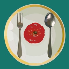 realistic silver fork and spoon on a plate with tomato