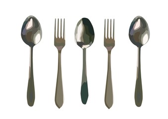 forks and spoons serving set,realistic vector art isolated in white