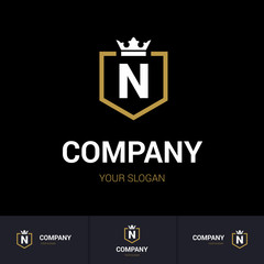 Illustration of Shield Badge-Shape with letter N in the Middle and Luxury Crown. Logo Icon Template for Web and Business Card, Letter Logo Template on Black Background