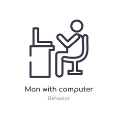 man with computer screen outline icon. isolated line vector illustration from behavior collection. editable thin stroke man with computer screen icon on white background