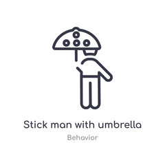 stick man with umbrella outline icon. isolated line vector illustration from behavior collection. editable thin stroke stick man with umbrella icon on white background