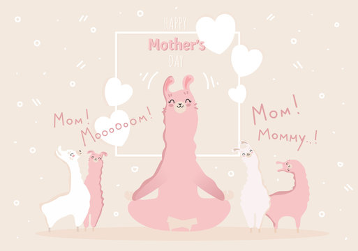 Happy mother's day picture with Llama family. Best mom, mum ever cute feminine design for flyer, card, invitation, typography. Vector illustration.