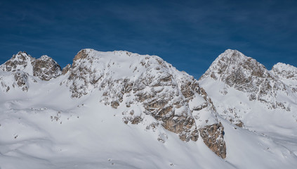 Winter landscape in St. Moritz (German: Sankt Moritz; Italian: San Maurizio), a resort town in the Engadine valley in Switzerland