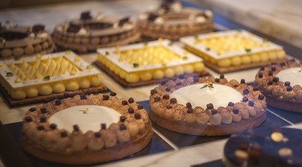 Bakery product assortment. Classic french pastries.  Delicious baking top vew copy space for text.