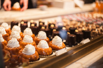 Bakery product assortment. Classic french pastries.  Delicious baking top vew copy space for text.