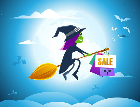 witch riding a magic broom. Vector Illustration