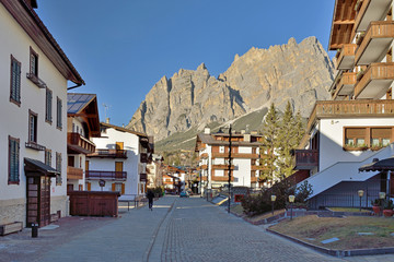 Fototapeta premium Cortina d'Ampezzo in Italy. Beautiful sunny winter day. Rocks on background.