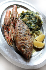 Langoustines grilled and red mullet,  sea bass grilled with lemon, potato and Mangel with olive oil.