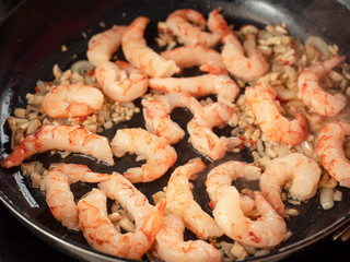 Shrimps on a frying pan, Close up.