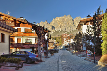 Cortina d'Ampezzo in Italy. Beautiful sunny winter day. Rocks on background.