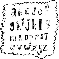 abc text sign print fashion callirpaphy lettering , alphabet hand written brush custom unique drawing . doodle concept black isolated on white
