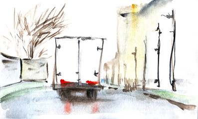 Watercolor landscape. A small truck is driving on a wet road in the rain. Hand-drawn sketch illustration.