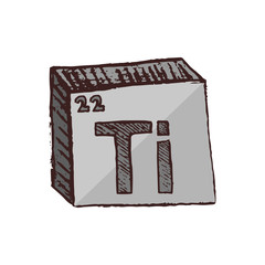 Vector three-dimensional hand drawn chemical gray silver symbol of metal ttitanium  with an abbreviation Ti from the periodic table of the elements isolated on a white background.