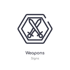 weapons outline icon. isolated line vector illustration from signs collection. editable thin stroke weapons icon on white background