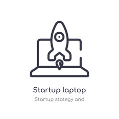 startup laptop outline icon. isolated line vector illustration from startup stategy and collection. editable thin stroke startup laptop icon on white background