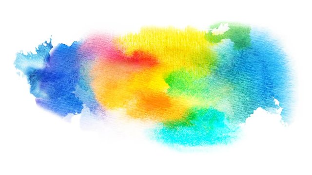 Beautiful multicolored, colorful spot appears on a white background. Bright cyan, yellow, red and orange paints spreads on paper forming a blot.