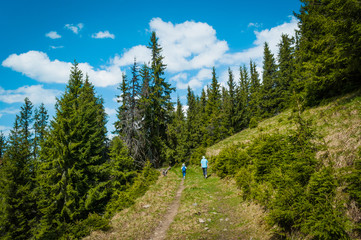 Child and parent taking a walk together on a beautiful mountain trail