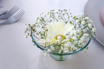 Single white daisy and inexpensive baby's-breath table center piece