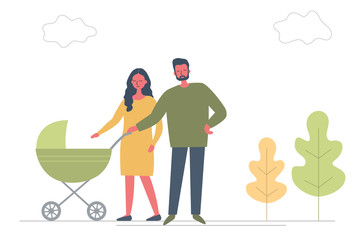 Father and mother with baby in stroller. Young parents with a green carriage on a walk. There is also plants and clouds in the picture. Funky flat style. Vector illustration.
