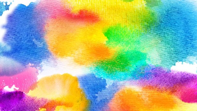 Beautiful multicolored, colorful spots and blots appear on a white background. Bright cyan, yellow, red and orange paints spreads on paper forming an abstract drawing background.. 4K motion graphic.