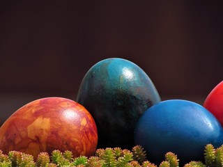 easter eggs on green background