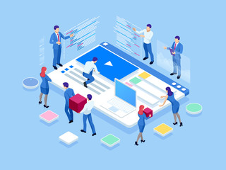 Isometric SEO analytics team concept. Contents creation specialist and article writers. Writing service, IT specialists, search engine optimization analysis