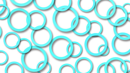 Abstract illustration of randomly arranged light blue rings with soft shadows on white background